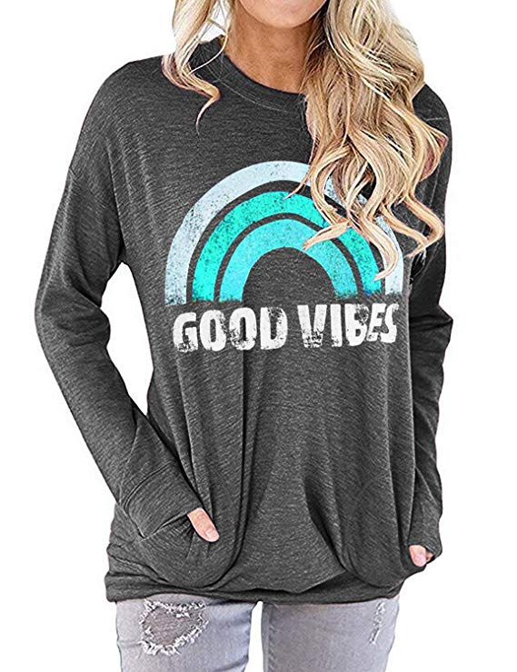 StarVnc Women Long Sleeve Good Vibes Tunic Tops with Pockets Blouse Casual Tshirts