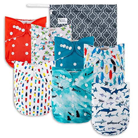 Surfs Up Cloth Pocket Diapers 7 Pack, 7 Bamboo Inserts, 1 Wet Bag by Nora's Nursery