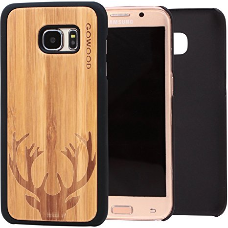 Samsung Galaxy S7 Edge wood case with shock absorption bumper and deer engraved natural bamboo wood backplate