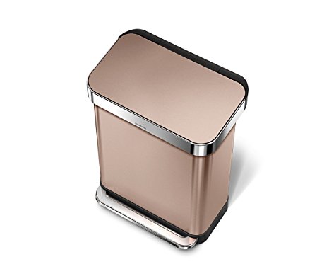 simplehuman Rectangular Step Trash Can with Liner Pocket, Rose Gold Stainless Steel, 55 L / 14.5 Gal