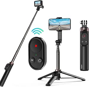 TELESIN Selfie Stick avec télécommande pour GoPro Hero 11 10 9 8 Max,Perche à Selfie en Aluminium avec trépied pour téléphone Télécommande sans Fil Bluetooth pour iPhone Android Action Cameras