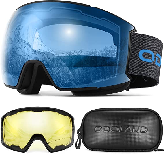 Odoland Magnetic Interchangeable Ski Goggles Set with 2 Lens, Anti-Fog 100% UV Protection Snowboard Snow Goggles Men Women