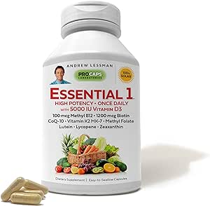 ANDREW LESSMAN Essential-1 Multivitamin 5000 IU Vitamin D3 60 Small Capsules – 100 mcg Methyl B12. CoQ10 Lutein Lycopene Zeaxanthin. High Potency. No Additives. Gentle Ultra-Mild. One Daily Capsule