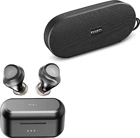 TOZO NC7 2022 Hybrid Active Noise Cancelling Wireless Earbuds & TOZO PA1 Bluetooth Speaker with 20w Stereo Sound, Long Playtime IPX7 Waterproof Portable Wireless Speaker