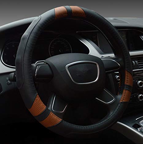 Dee-Type Leather Steering Wheel Cover Universal 15 inch Black & Brown