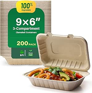 yoyomax 100% Compostable Clamshell Food Containers for Takeout - Heavy-Duty Quality. Made from Natural Sugar Cane Fibers, Eco-Friendly & Biodegradable.[9X6, 200-Pack]