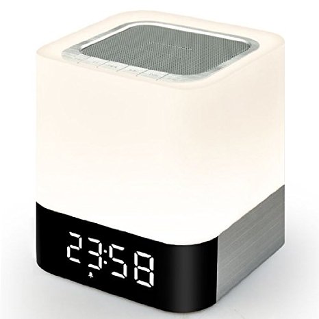 Wireless Bluetooth 4.0 Speaker Mini Portable HIFI Stereo with Led Light Lamp and Alarm Clock, Quality Sound, Touch Sensor, MP3 Player, Support SD TF Card, 3.5mm AUX Jack, USB, 4000mAh Battery White