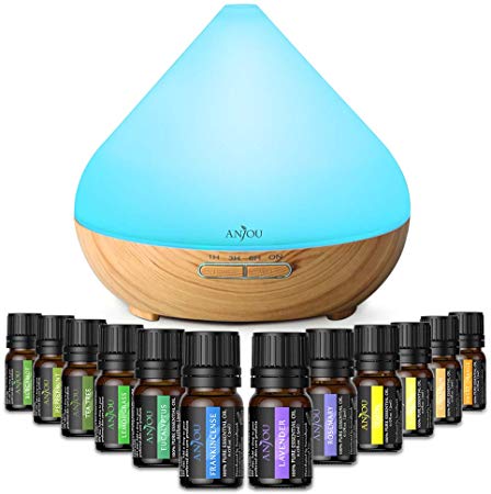 Essential Oil Diffuser Gift Set, Anjou Aromatherapy 300mL Tank Humidifier & Top 12 Oils, Lavender, Peppermint, Tee Tree, Eucalyptus, Sweet Orange, Auto Off - 7 Color LED Lights, Therapeutic Grade