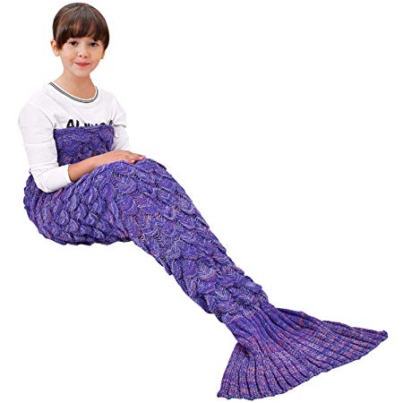 Handmade Mermaid Tail Blanket Crochet , Ibaby888 All Seasons Warm Knitted Bed Blanket Sofa Quilt Living Room Sleeping Bag for Kids and Adults(Kids / 55.1"x27.6", Kids Fish-scales Violet)