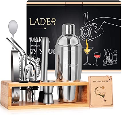 Lader Cocktail Shaker Set, 14-Piece Stainless Steel Bar Tool Set, Perfect Home Bartending Tool with Stylish Bamboo Stand and Bartending Book, Bartending Set Suitable For Families, Bars and Party