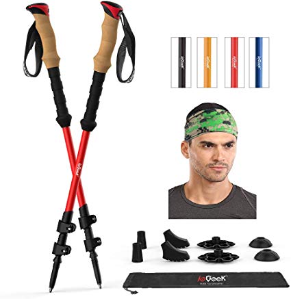 ieGeek Trekking Poles with Headband - 2 pc Pack Adjustable Hiking or Walking Sticks - Tough, Lightweight, Collapsible Hiking Poles for All Terrains and Season