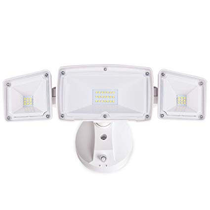 Amico 30W Dusk to Dawn LED Flood Light - 3 Head Security Light Outdoor, Metal Head 5000K Daylight White 3500 Lumens IP65 Waterproof, White Exterior Wall Flood Light Outdoor with Photocell