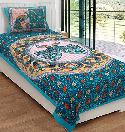 RajasthaniKart Classic 144 TC Cotton Single Bedsheet with Pillow Cover - Abstract, Green