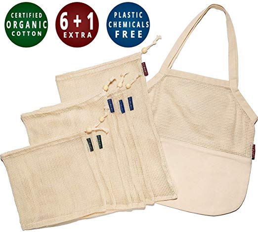 ecofreaco Reusable Organic Cotton Grocery Bags Set of 7 [Reinforced Design] (6 Mesh Produce Bags with Drawstrings   1 Half Mesh Shopping Tote Bag) Zero Waste & Eco-Friendly Storage Solution