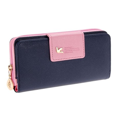 Augur Women's Multi-card Position Two Fold Purse Long Zipper Wallet Handbag handbag Dark Blue
