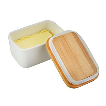 Butter Dish with Bamboo Lid, White Porcelain Butter Keeper Butter Container Food Storage Candy Box, Heat Resistant to 900 Degree as Baking Dish Baker, Family or Friends Gift