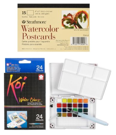 Sakura 24 Assorted Watercolors Field Sketch Set with Brush, with a Pack of Strathmore Blank Watercolor Postcards, Pad of 15