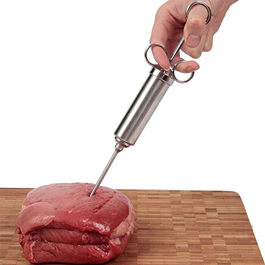 Amgate Stainless Steel BBQ Meat Injector with 2 Marinade Needles and 2 OZ Capacity Barrel