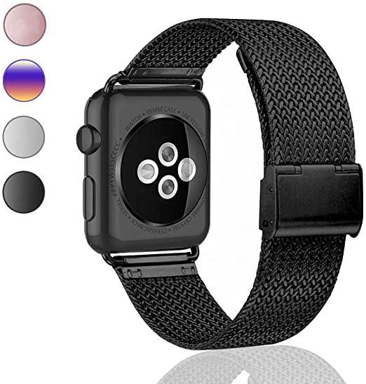 ZXFYE Compatible with Apple Watch Band 38MM 42MM 40MM 44MM,Stainless Steel Mesh Breathable Wristband Loop Replacement Parts for iWatch Series 5 4 3 2 1 (Black, 38mm/40mm)