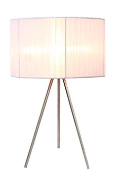 Simple Designs Home LT2006-WHT Brushed Nickel Tripod Table Lamp with Pleated Silk Sheer Shade, 11.81" x 11.81" x 19.69", White