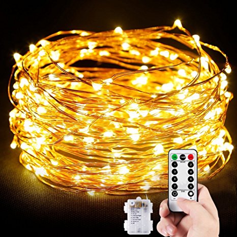 LED String Lights,Battery Powered Fairy String Lights With Remote,33ft 100 leds Waterproof Indoor Decorative Copper Wire Lights for Wedding，Bedroom ,Patio,Outdoor Garden,Christmas.（Warm White）