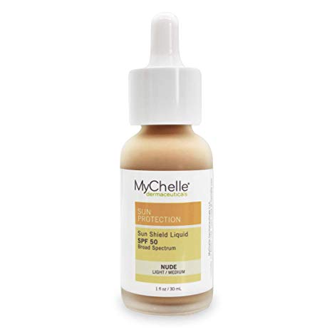 MyChelle Dermaceuticals Sun Shield Liquid Tint SPF 50 Nude- Oil-Free Daily Facial Sun Protection, Broad-Spectrum, for All Skin Types, Light to Medium Complexion, Gluten Free, Vegan & Cruelty-Free,1 OZ