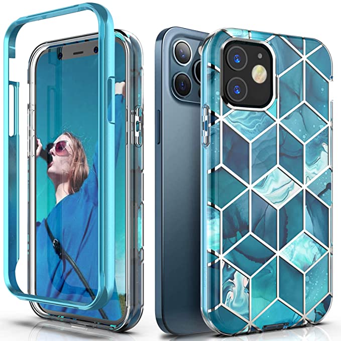 Hasaky Case for iPhone 12 Pro Case,iPhone 12 Case 5G 2020 6.1 Inch,Dual Layer Hybrid Bumper Cute Navy Blue Marble Design Soft TPU Hard Back Heavy Duty Shockproof Protective Phone Case -Blue/Marble.