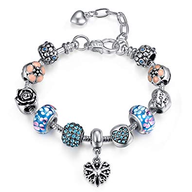 Sterling Silver Charm Bracelet,Four Leaf Clover with Presentski Diamond Charm Bracelet