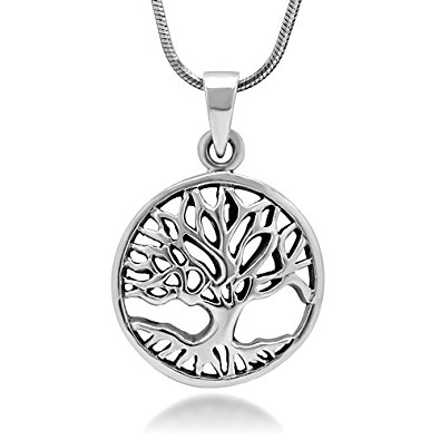 925 Sterling Silver Tree of Life Symbol Open Round Pendant Necklace, 18 inches