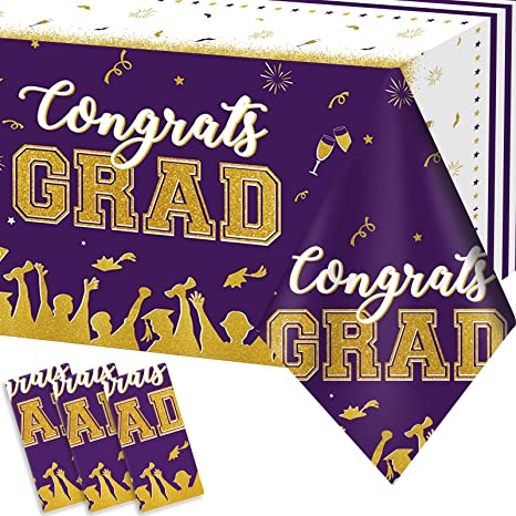 Set of 3 Graduation Tablecloths Class of 2022 Congrats Grad Purple Graduation Party Tablecover Decorations Party Supplies Large Size Plastic 54"x108"(Purple & Gold)
