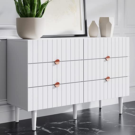 DG Casa Marcon Mid Century Modern 6 Storage Drawer Organizer Chest of Drawers Furniture with Metal Handle Pulls for Bedroom Organization Living Room Closet Hallway Entryway - Dresser in White