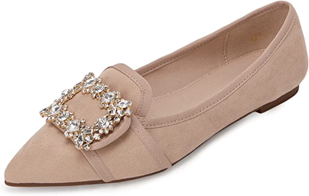 Juliet Holy Womens Ballet Flats Pointed Toe Rhinestones Buckle Comfortable Slip-on Flat Shoes