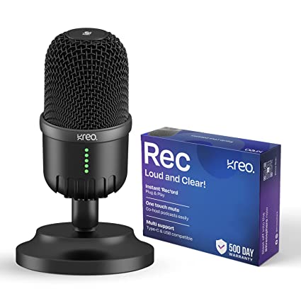 Kreo Rec Premium Condenser Microphone with Desk Stand | Plug & Play, 1-Touch Mute, Best for Streaming, Podcast, Music & More | Cardioid Polar Pattern