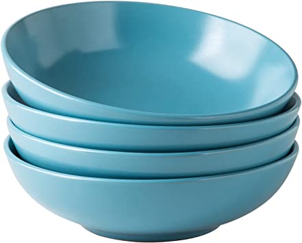 AmorArc Pasta Bowls Set of 4,42 oz Large Ceramic Bowls for Kitchen,Can Use for Pasta/Salad/Cereal/Soup Bowls,Wide and deep, Chip-resistant,Microwave&Dishwasher Safe-Matte Light Blue