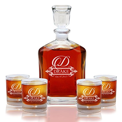 Personalized 5 pc Whiskey Decanter Set - Decanter and 4 Glasses Gift Set - Custom Engraved with Fancy Design