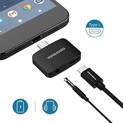 Type C to 3.5mm Adapter,Wofalodata 2 in 1 Mini Splitter Headphone Jack Audio Connector Convertor Cable with Charging for Motorola Moto Z2 Play- (Not support controlling the Music volume and Phone calling.) (Black)