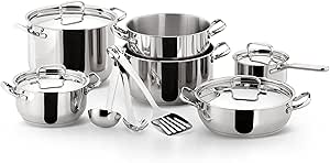 Lagostina Sfiziosa, 13pc Cookware Set, Stainless Steel Pots and Pans, 2 Pots, 3 Low saucepans, 1 Deep saucepan, 4 Lids, 3 utensils, Induction safe, Oven Safe 400°F