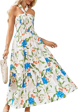 GRACE KARIN Women's Summer Dresses 2024 Halter Neck Sleeveless Smocked Backless Cut Out Floral Flowy A Line Maxi Dress