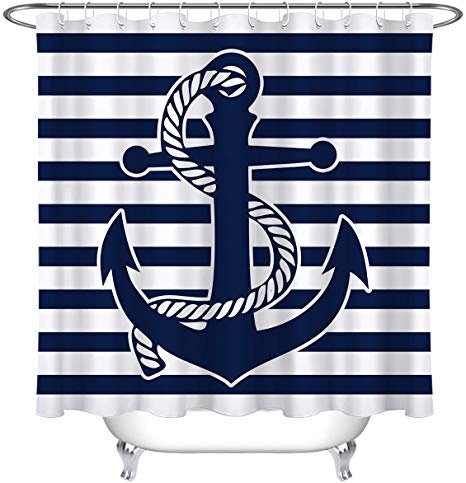 LB Nautical Anchor Shower Curtains for Bathroom Navy Blue Striped Shower Curtain with Hooks Bathroom Decorations 72x78 inch Extra Long Polyester Fabric Waterproof