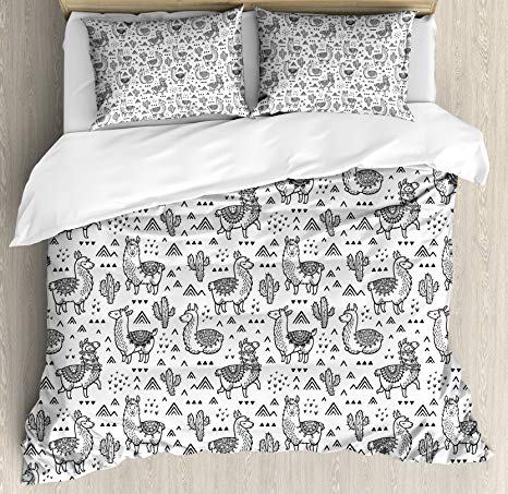 Ambesonne Llama Duvet Cover Set Queen Size, Abstract Triangles with Doodle Style Alpacas in Monochrome Design Cartoon Pattern, Decorative 3 Piece Bedding Set with 2 Pillow Shams, Black White