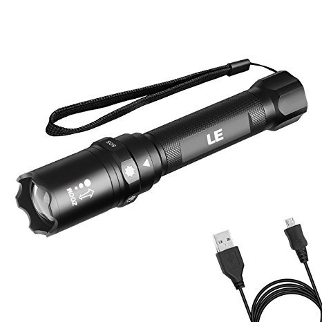 LE CREE LED Torch, 1040lm Tactical Flashlight, Waterproof IP65, USB Rechargeable, Zoomable Focus Adjustable, 6 Modes, Memory Function