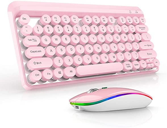 TENMOS T302 Wireless Keyboard Mouse Combo, 2.4GHz Rechargeable Retro Keyboard and Silent Optical LED Wireless Mouse Set with Round Keycaps for Laptop, Computer (Pink)