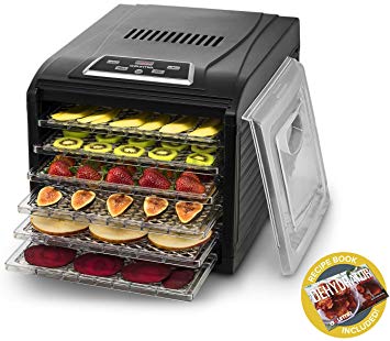 Gourmia GFD1650 Premium Electric Food Dehydrator Machine - Digital Timer and Temperature Control - 6 Drying Trays -Perfect for Beef Jerky, Herbs, Fruit Leather -BPA Free -480W - Black - Bonus Cookbook