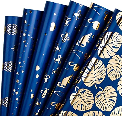 WRAPAHOLIC Gift Wrapping Paper Sheet - Navy with Gold Foil Prints for Birthday, Holiday, Party, Baby Shower - 1 Roll Contains 6 Sheets - 17.5 inch X 30 inch Per Sheet