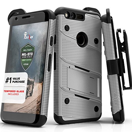 Google Pixel Case, Zizo [Bolt Series] w/ FREE [Google Pixel Screen Protector] Kickstand [12 ft. Military Grade Drop Tested] Holster Belt Clip- Pixel