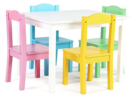 Tot Tutors Kids Wood Table and 4 Chairs Set, White/Pastel (Pastel Collection)