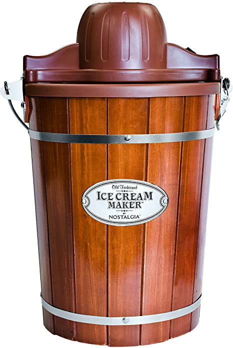 Nostalgia Electric Bucket Ice Cream Maker with Easy-Carry Handle, Makes 6-Quarts in Minutes, Frozen Yogurt, Gelato, Made from Real Wood, Brown