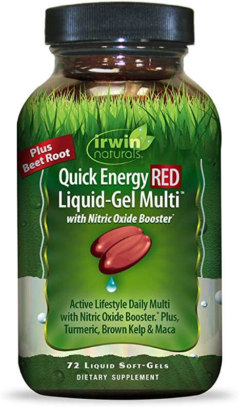 Irwin Naturals Quick Energy RED Liquid-Gel Multi with Nitric Oxide Booster - High Potency Multivitamin, Multi-Mineral Nutrient Support - Super Foods, Maca, Beet, Turmeric & More - 72 Liquid Softgels