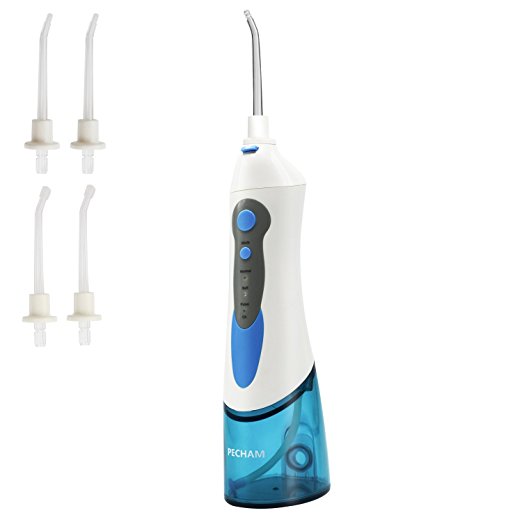 PECHAM Water Flosser Professional Cordless Dental Oral Irrigator - 3-Mode Rechargeable IPX7 Waterproof High Capacity Water Tank with 4 Jet Tips, Blue