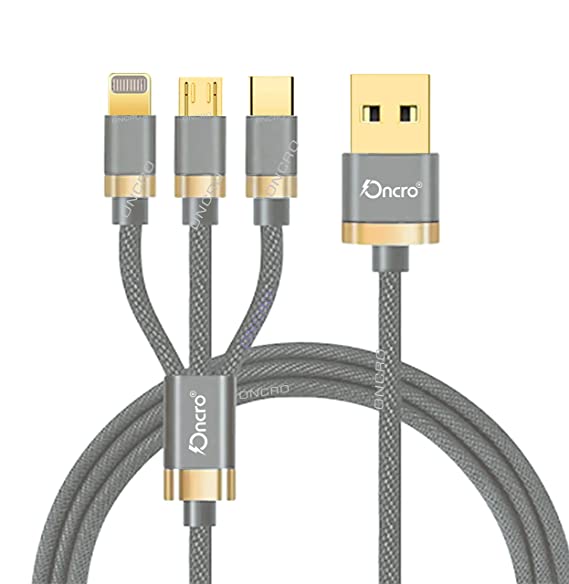 ONCRO® 3.0A 3 in 1 Cable Nylon Duo Jean Braided Fast Rapid Super charging cable for Micro USB, i phone & Type C Grey 3.3 ft 3in1 charging cable car multi charger cable (Not for Data Transfer)